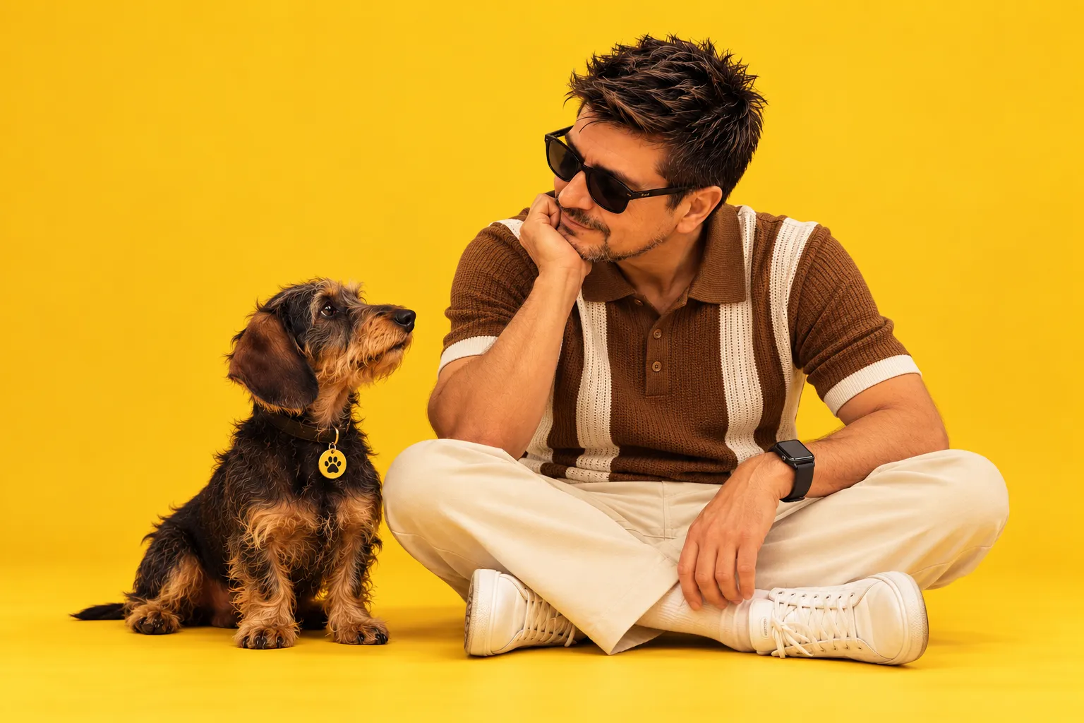 Pablo, sentado en el suelo con las piernas cruzadas y gafas de sol, mira a Frida, su teckel de pelo duro, sobre un fondo amarillo.